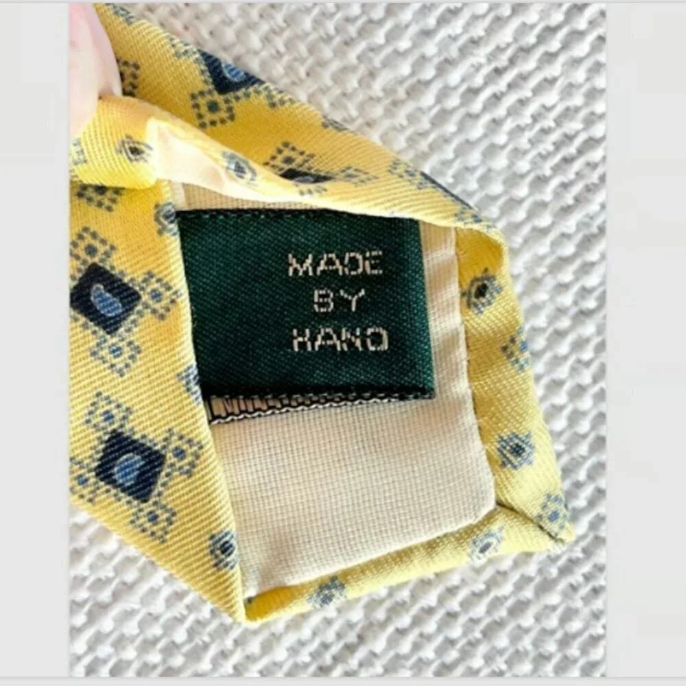 J. Crew 100% Silk Handmade Necktie Yellow Blue Geometric USA Formal Business